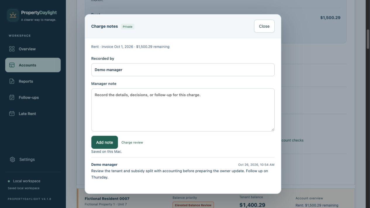 Private manager charge-note editor