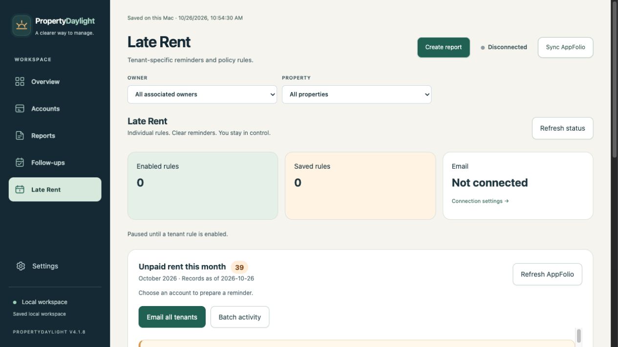 Late Rent queue and reviewed email actions