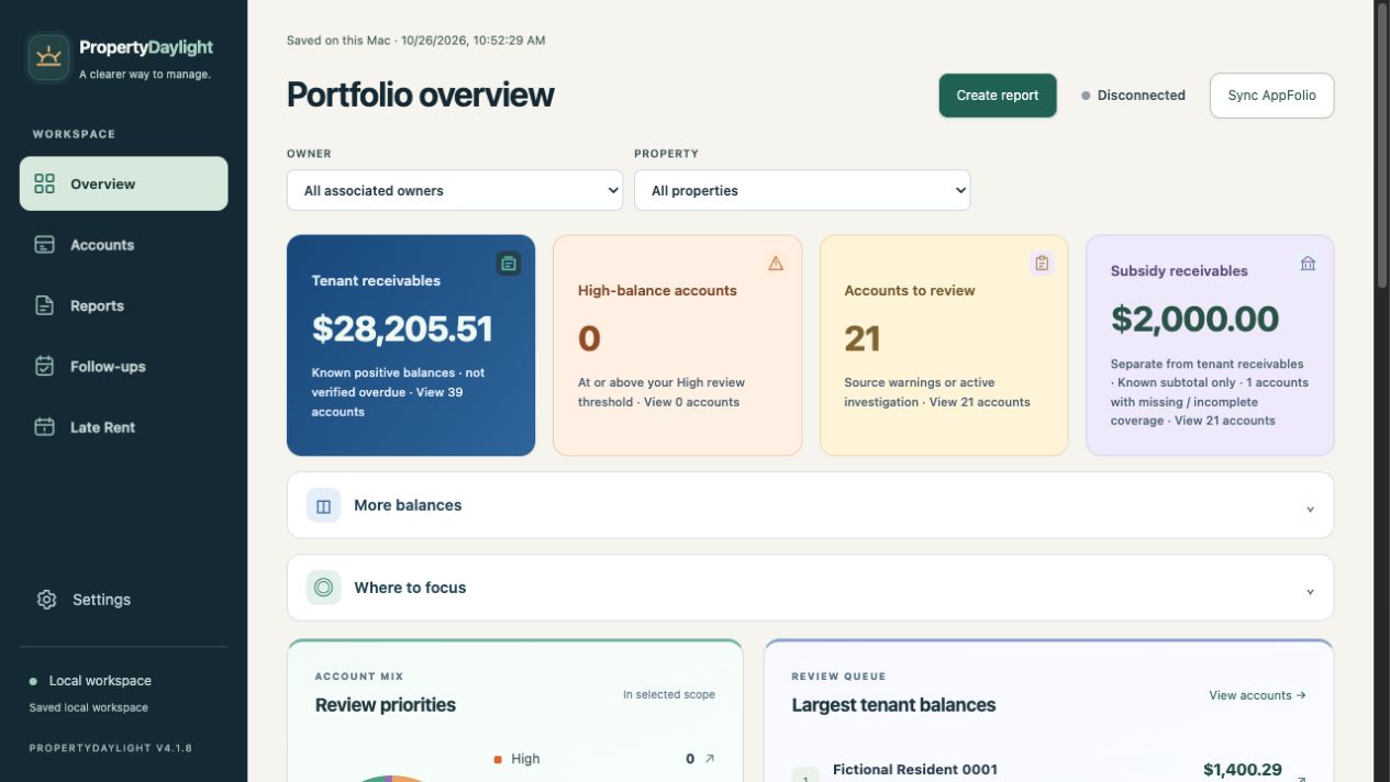 Portfolio overview with balance cards and priorities
