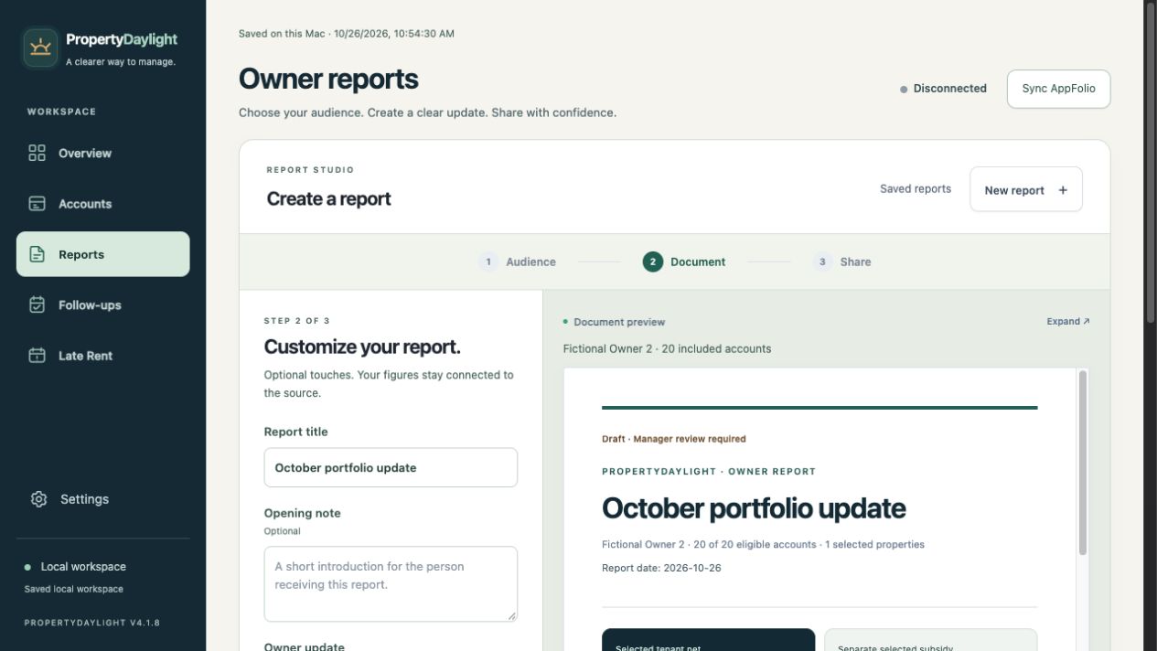 Owner report builder with a fictional owner update